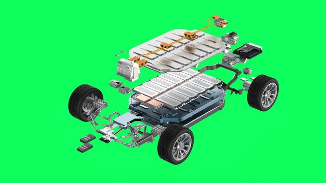 Exploded view of electric vehicle battery or pack of lithium-ion pouch cells module with undercarriage isolated