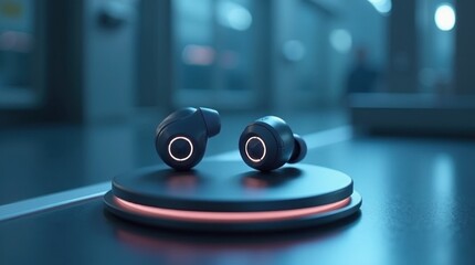 A pair of ultra-modern wireless earbuds with a smooth, seamless design are placed on a floating magnetic platform.