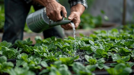 Fototapeta premium A Dedicated Farmer Watering Vibrant Green Plants with Care and Precision Under a Sunny Sky