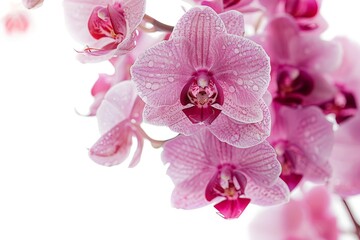 Pink Orchid Flowers with Dew Drops Isolated On White Background