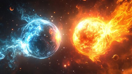 Obraz premium A fiery planet and a frozen planet collide in a cosmic dance with swirling smoke and dust in space.