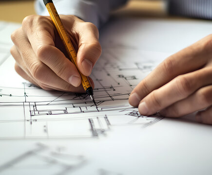 primer plano manos arquitecto dibujando proyecto arquitectura