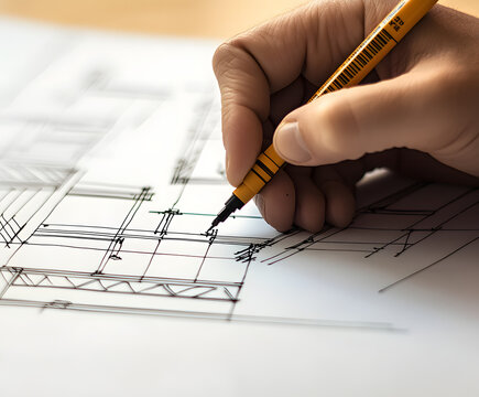 primer plano mano arquitecto dibuja plano t&eacute;cnico