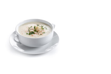 Cauliflower soup in bowl isolated on white background. Copy space