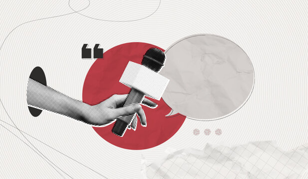 Trendy Halftone Collage Online Broadcasting concept. Hand with Microphone and Speech bubble message. Audio recording of interview. Talking in podcast. Contemporary vector art illustration