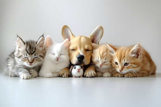 grupo de mascotas juntas con fondo blanco de estudio fotografia