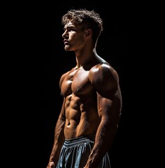 Fototapeta premium Muscular young man in sportswear on black background, Generative AI