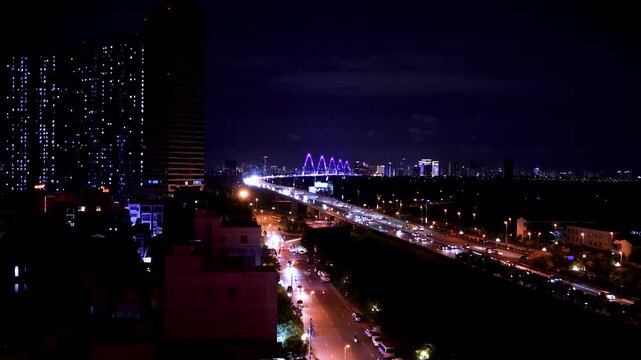 Hanoi skyline at twilight at Vo Chi Cong street, leading to Nhat Tan cable stayed bridge, Dong Anh district.Travel and landscape concept