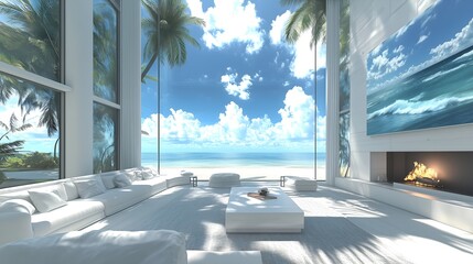 Luxury beach house living room, ocean view home residential property, stylish art deco furniture, sleek minimalist interior, large window, coastline scenic landscape. Modern architecture holiday house