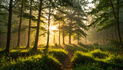 Lumi&egrave;re du matin &agrave; travers la for&ecirc;t