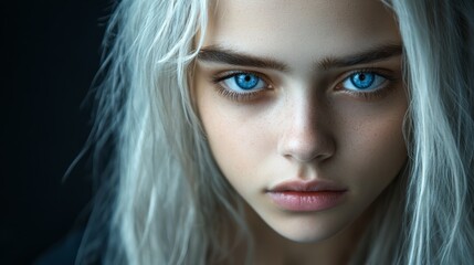 Naklejka premium A tight shot of a woman with long white hair and blue eyes against a pitch-black backdrop