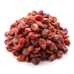 
red raisins, dried and dried, folded into a small pile isolated on a white background