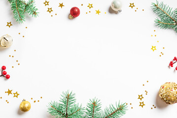 Christmas Background with green Christmas tree and golden decor