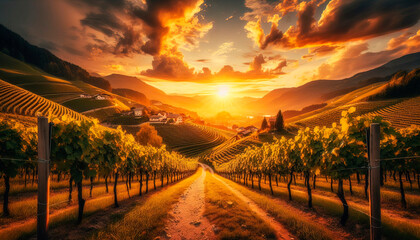 Panorama view on a vineyard on a hill at sunset