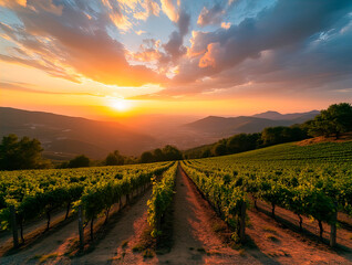 Fototapeta premium Panorama view on a vineyard on a hill at sunset