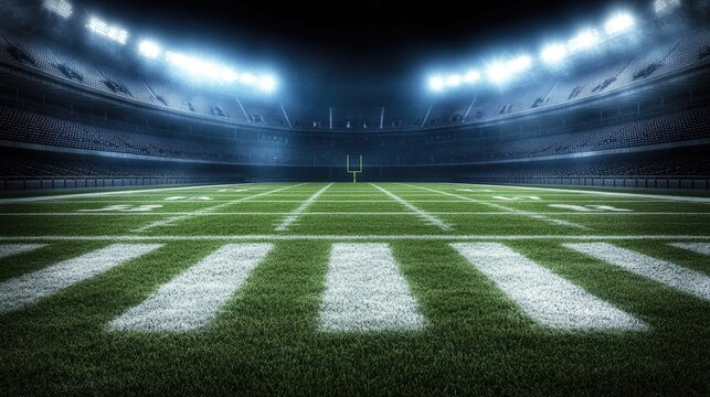 A high school football field with pristine grass, empty bleachers, and stadium lights on, showcasing the quiet scene before the game. - Powered by Adobe