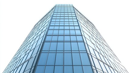 Fototapeta premium Sleek office skyscraper with reflective glass fade and sharp angles, isolated on white background