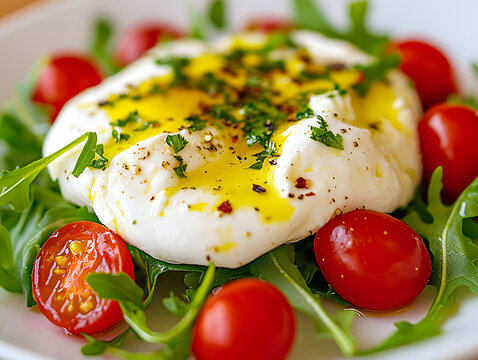 Ensalada de burrata mozarela , tomate y rucula