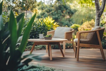 Obraz premium A stylish outdoor area featuring two wicker chairs with a wooden tabletop, surrounded by lush garden plants, perfect for enjoying a tranquil and leisurely atmosphere.