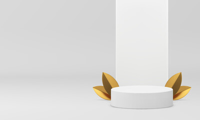 Light 3d podium pedestal with golden leaves showroom for product show realistic vector illustration. White cylinder platform neutral showcase with luxury leaf mockup for presentation shopping sale