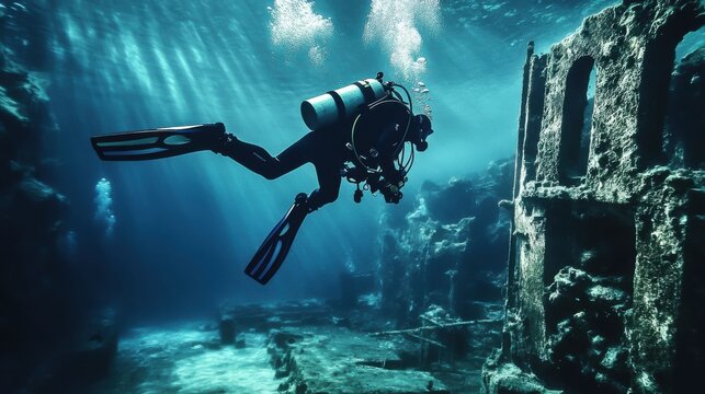 A thrilling scuba diving adventure amidst an ancient shipwreck, Diving equipment against sunken ruins, Underwater exploration style