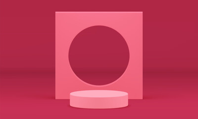 3d pink cylinder podium pedestal mockup for beauty cosmetic product show realistic vector illustration. Elegant feminine stand with circle hole squared frame geometric shape trendy minimalist display