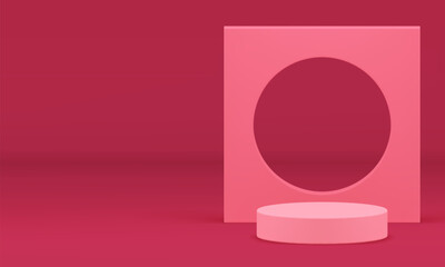 Pink 3d display cylinder podium with geometric wall background for presentation realistic vector illustration. Minimalist elegant feminine showcase pedestal with round hole squared product sale show