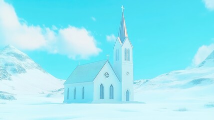 A modern white church with clean, minimalistic architecture and two towering spires against a backdrop of vivid blue sky, standing as a beacon of faith.