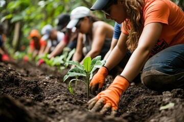 Fototapeta premium A diverse group of children happily engaging in a hands-on outdoor activity in a sunny park.. Beautiful simple AI generated image
