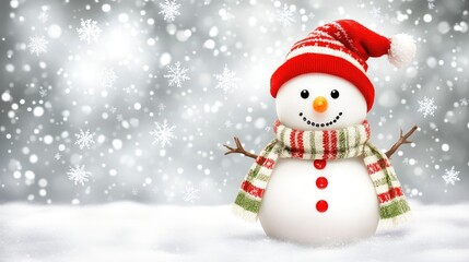 Fototapeta premium A playful snowman with bright, neon colors stands in a glowing winter wonderland, surrounded by softly falling snowflakes and vibrant, glowing trees.