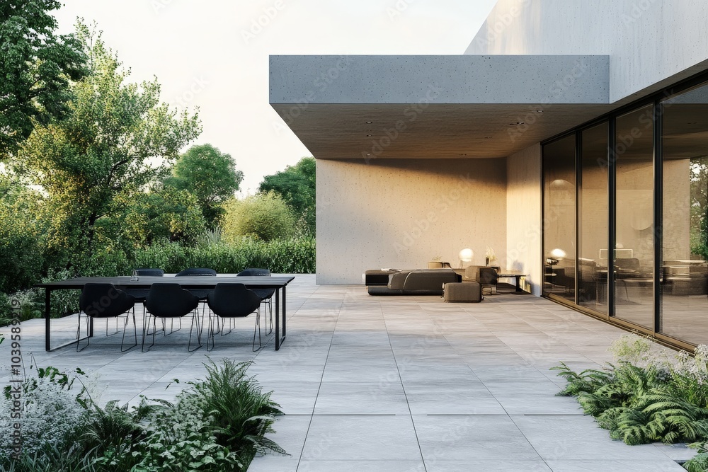 Aufkleber This contemporary patio features a minimalist dining set with sleek furniture, surrounded by soft natural light and greenery, creating a tranquil atmosphere for relaxing.