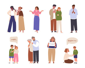 Fototapeta premium Set of characters feeling sorry, apologizing, express remorse, feeling guilty. Negative emotions, apologetic male or female characters. Kids with sorry face. Flat vector illustration isolated on white