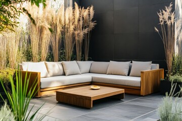 Stylish and contemporary, this patio corner features a sectional sofa, surrounded by tall ornamental grasses and simple decor, ideal for both relaxation and style.