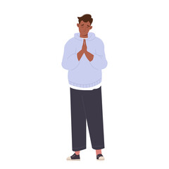 Young man with hands in prayer and sorry face ask for forgiveness or beg. Flat vector illustration isolated on white background. Male character apologizing, feeling really sorry, embarrassed, ashamed.