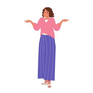 Gesture oops, sorry or I do not know. Woman feeling sorry concept. Flat vector illustration isolated on white. Female character shrugs and spreads hands. National Sorry Day. Apologize, feeling guilty