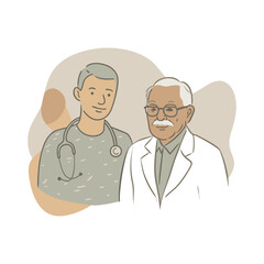 Vector illustration of a doctor and an elderly man, doodle style, simple style