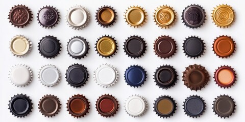 A row of beer bottle caps with different colors and designs