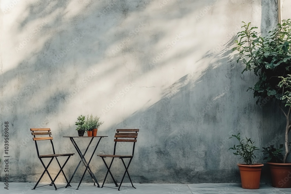 Poster a rustic patio features a wooden chair set against a textured wall, surrounded by lush plants castin