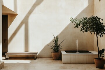 A sophisticated minimalist patio featuring a sleek bench, a modern water fountain, and potted plants, creating a tranquil and zen-like atmosphere.