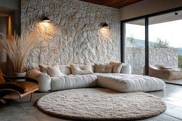 A modern living room featuring a stone accent wall, cozy modular sofas, a plush round carpet, and large windows providing ample natural light and outdoor views.