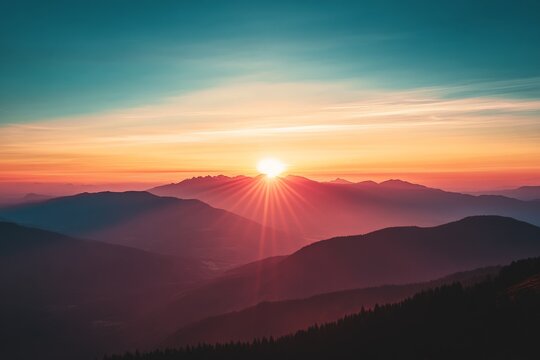 The horizon is beautifully lit by golden sun rays gently casting light over mountains, creating a serene and peaceful early morning scene of pure tranquility.