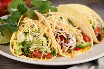 Taco with ground beef and avocado, cabbage and cheese. Mexican cuisine. Close-up.