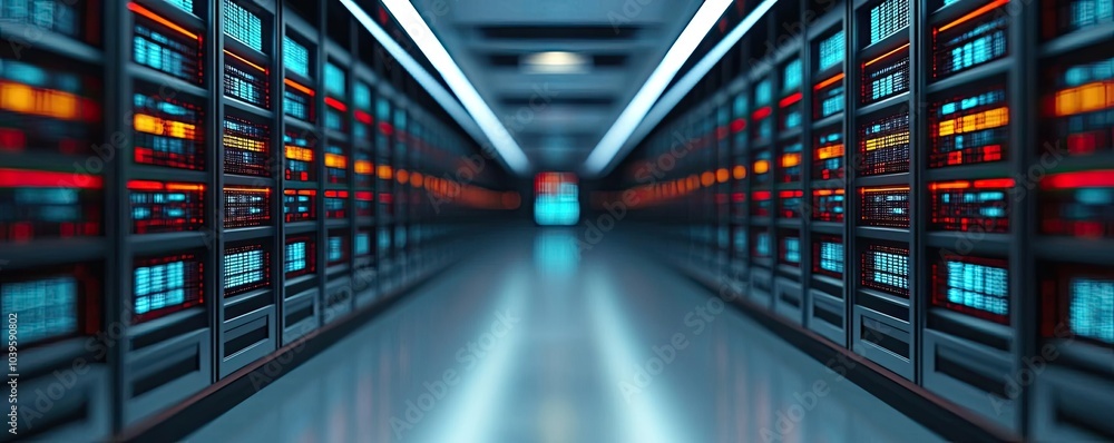 Poster server room with rows of servers and blue lighting, focusing on technology infrastructure.
