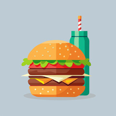Vector illustration of a meat sandwich or hamburger with meat and greens and a drink