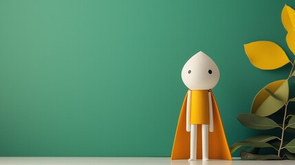 Little Hero on Green Background: A small and cheerful superhero figurine stands proudly in front of a vibrant green background. The figure, dressed in a yellow cape and matching shirt.