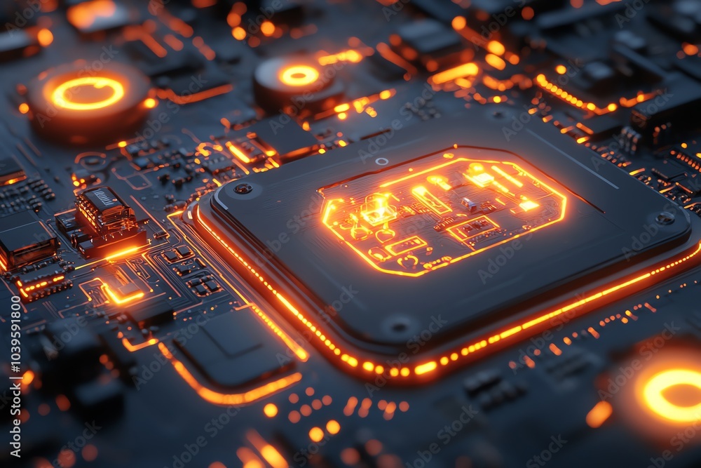 Aufkleber a close-up of a computer chip with glowing orange lights, highlighting the complexity of modern tech