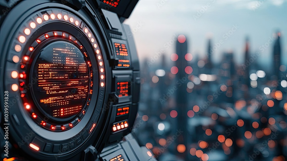 Poster futuristic control panel with illuminated interface against a city skyline.