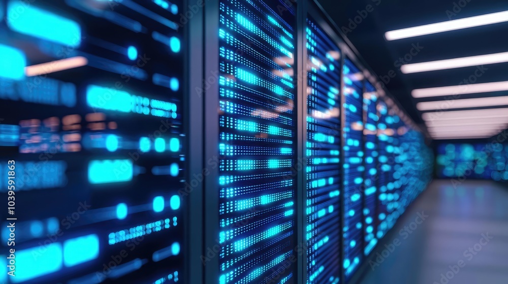 Aufkleber modern data center with rows of servers, blue led lights illuminating the environment.