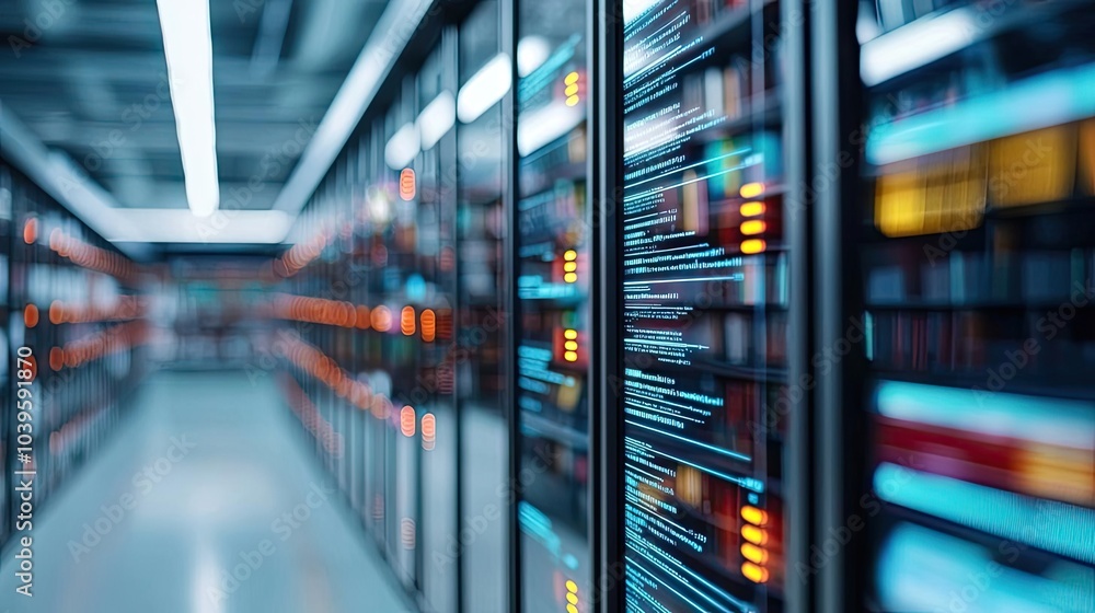 Poster Modern data center with rows of servers, illuminated with colorful lights.