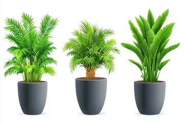 Obraz premium Assorted indoor palms and leafy plants in sleek planters symbolizing tropical indoor gardening modern home decor and lush greenery for small spaces